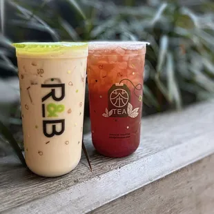 Roasted Oolong Milk Tea, 50% sweet ($5.49) + Strawberry Black Tea w/ aloe vera, 50% sweet ($5.85)