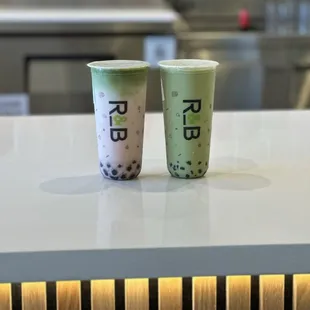 Strawberry Matcha Latte (left) and Matcha Milk Tea (right)
