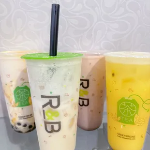 Left to right: Mango Stormy, Cereal Milk Tea, Strawberry Horchata, Passion Fruit Yakult
