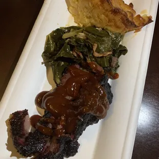 Smoked short rib, mezcal bbq sauce, collard greens, mac &amp; cheese
