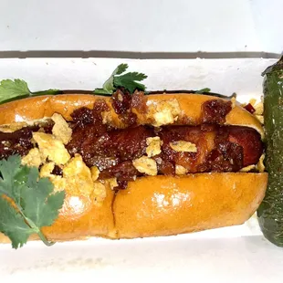 R&amp;D Sandos n Dogs &quot;Chipotle Dog&quot; with a generous topping of crumbles and Chipotle jam!