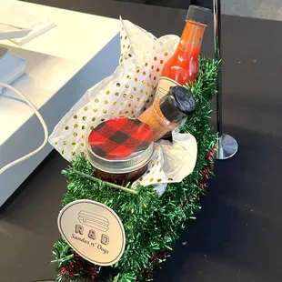 a dog in a christmas basket