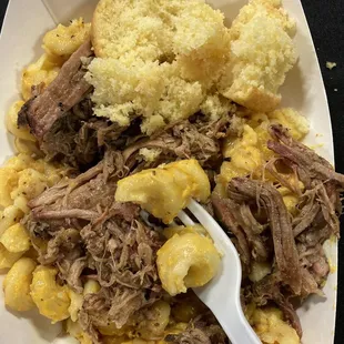 Pulled Pork over Mac &amp; Cheese, with a Cornbread Muffin ...