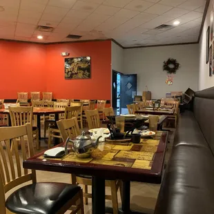 tables and chairs in a restaurant