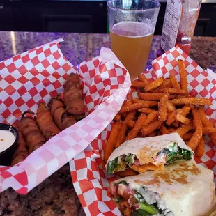 Buffalo chicken wrap and mama's poppers