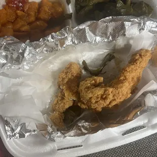 Fried catfish with collard greens  and sweet jams