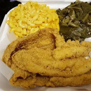 Fillet Sole Dinner with Mac n Cheese and Collard Greens