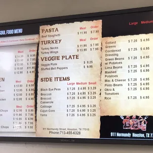 a menu on the wall