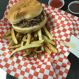 Chopped beef sandwich with homemade fries and large drink special
