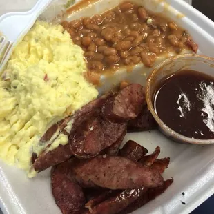 Link plate with potato salad and beans-- super good