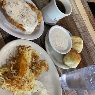 Chicken fried steak and eggs. Biscuits and gravy. Hash browns.