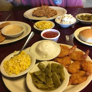 Fried butterfly shrimp with green beans, mash, and corn- cocktail sauce was really good. Shrimp Was fresh and crispy