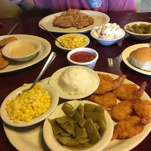 Fried butterfly shrimp with green beans, mash, and corn- cocktail sauce was really good. Shrimp Was fresh and crispy