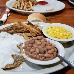 Chicken fried steak, fries, beans and corn. $11.99
