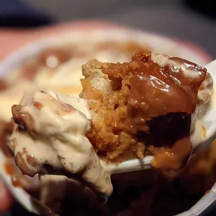 Dulce de leche pumpkin bread pudding with vanilla ice cream