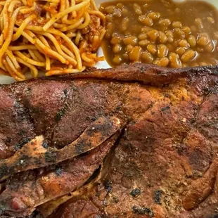 Pork Steak with Baked Beans and Spaghetti