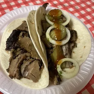 2 brisket tacos, meat was very tender.