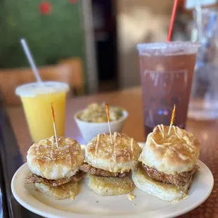 Honey Chicken Biscuits, orange juice and peach iced tea