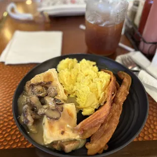 Chase's Biscuits &amp; Gravy with crispy bacon and a generous serving of hot scrambled eggs