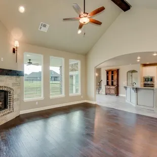a living room with a fireplace