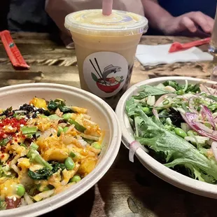 Tuna Tosa Special and Sweet Shoyu Bowl with mixed greens Mango bango smoothie with tapioca pearls