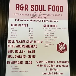 Our menu- call for daily specials in addition to the above