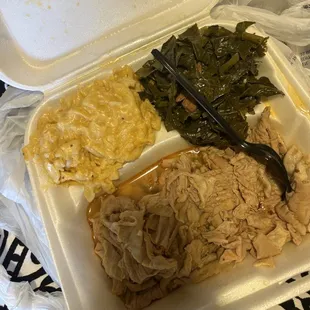 Nasty mac and cheese, greens , greasy chitterlings