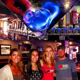 a collage of photos of people at a bar