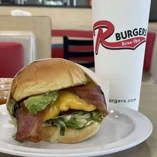 R burger with bacon, avocado, and MORE!