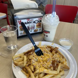 Happy hour chili cheese fries &amp; vanilla milk shake. Both $4 2-5pm Monday - Friday.