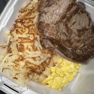 Unseasoned tasteless steak breakfast plate