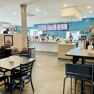 tables and chairs in a coffee shop