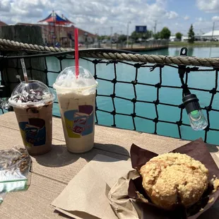 Coffee cake muffin, frozen hot chocolate and caramel latte