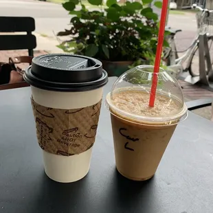 Regular latte and iced caramel latte