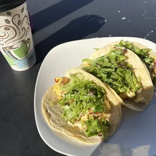 Breakfast tacos and almond latte