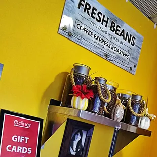 a yellow wall with a sign above the counter