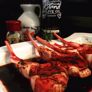 You gotta be able to look at it! Lamb Chops...Balsamic, saffron, fresh picked Rosemary, and a touch of maple syrup!