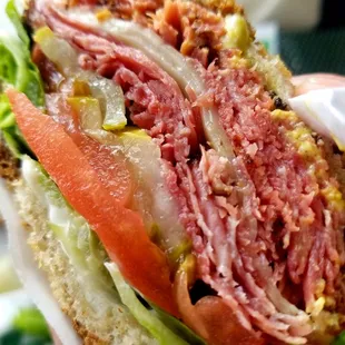 Hot Pastrami on Marble Rye, Munster cheese, spicy mustard, extra pickles.