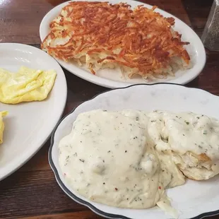 Biscuots and gravy with an added side of hashbrowns ($5.29)