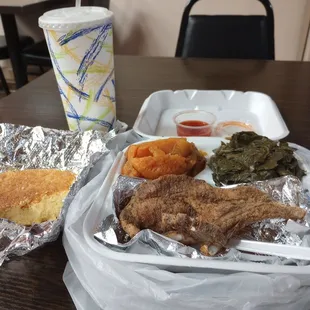 Pork chop, collard greens,yams n corn bread.yummy