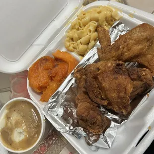 Fried chicken, candied yams, Mac and cheese, mashed potatoes