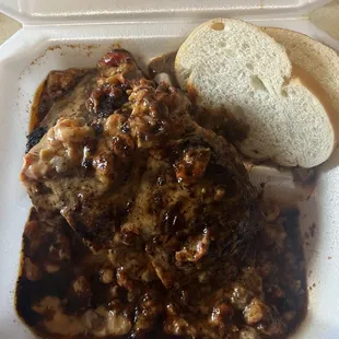 Blackened ribeye with No&apos;leans (shrimp) topping.