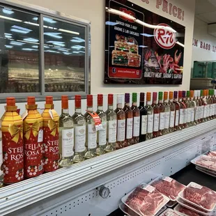 bottles of alcohol and meat