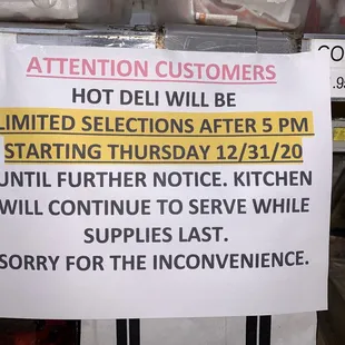 Hot deli will start closing at 6 until further notice