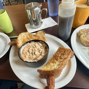 #4 Eye opener sandwich with bacon and with a side of gravy with hot sauce to dip it in because you have to! and the best french toast!