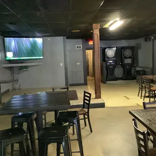 tables and chairs and a television