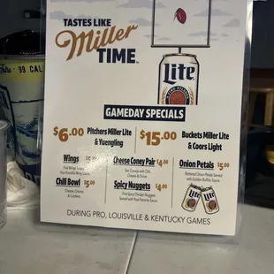 A new updated Gameday Specials Menu