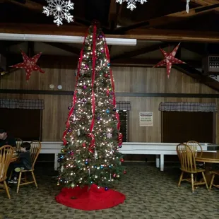 Love the lodge in December, with fire in the fireplace and decorated with tree and lights.