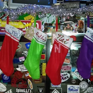 christmas stockings hanging from the ceiling