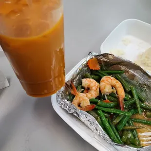 Thai tea and sautéed green beans with shrimp , healthier option